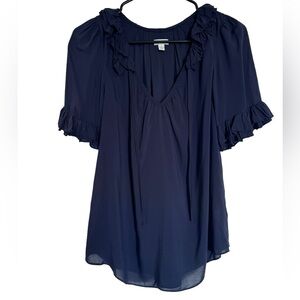 Anthropologie Odille Navy Blue Blouse Ruffle Short Sleeve Sheer Rayon Size 4